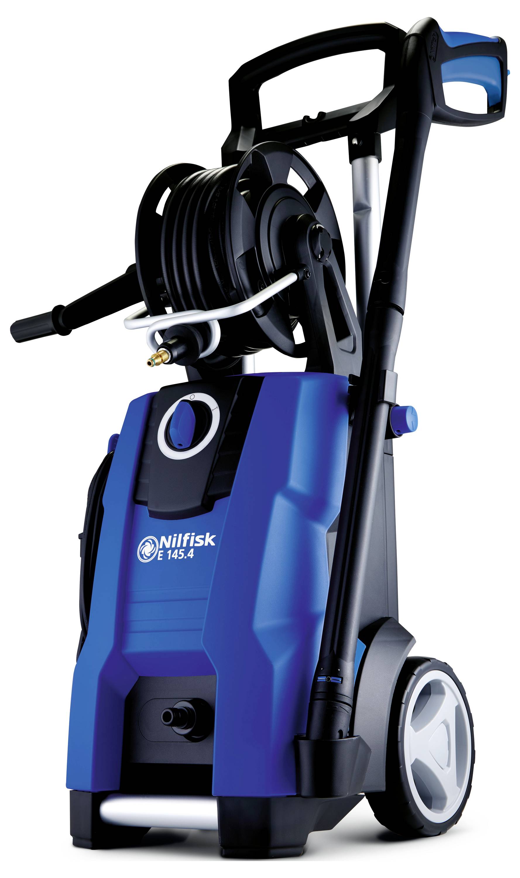 High-pressure washer in blue and black, with hose reel and handles, mounted on two wheels.
