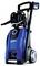 High-pressure washer in blue and black, with hose reel and handles, mounted on two wheels.