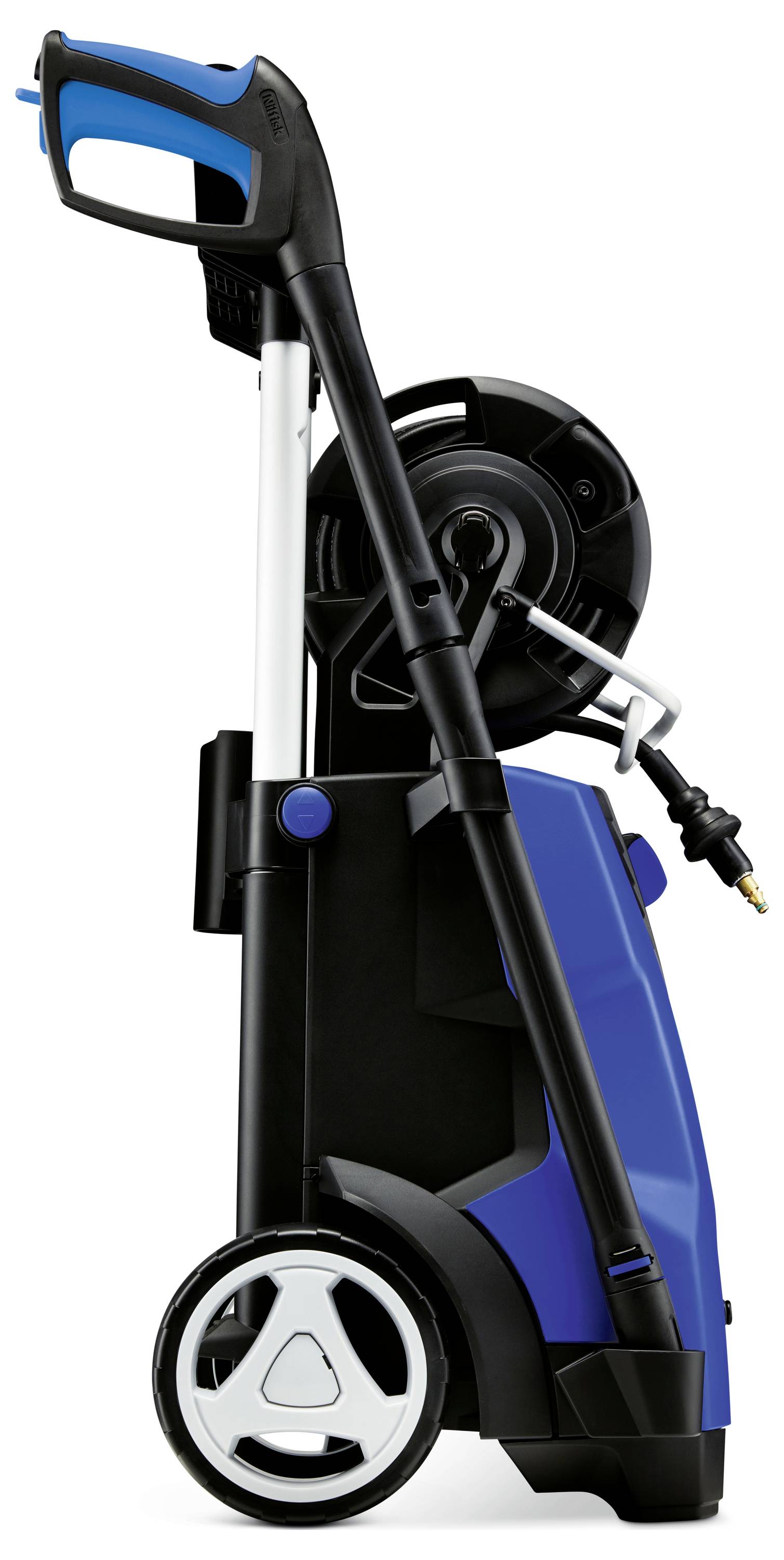 Portable pressure washer with blue casing and black handle, on wheels, side view.