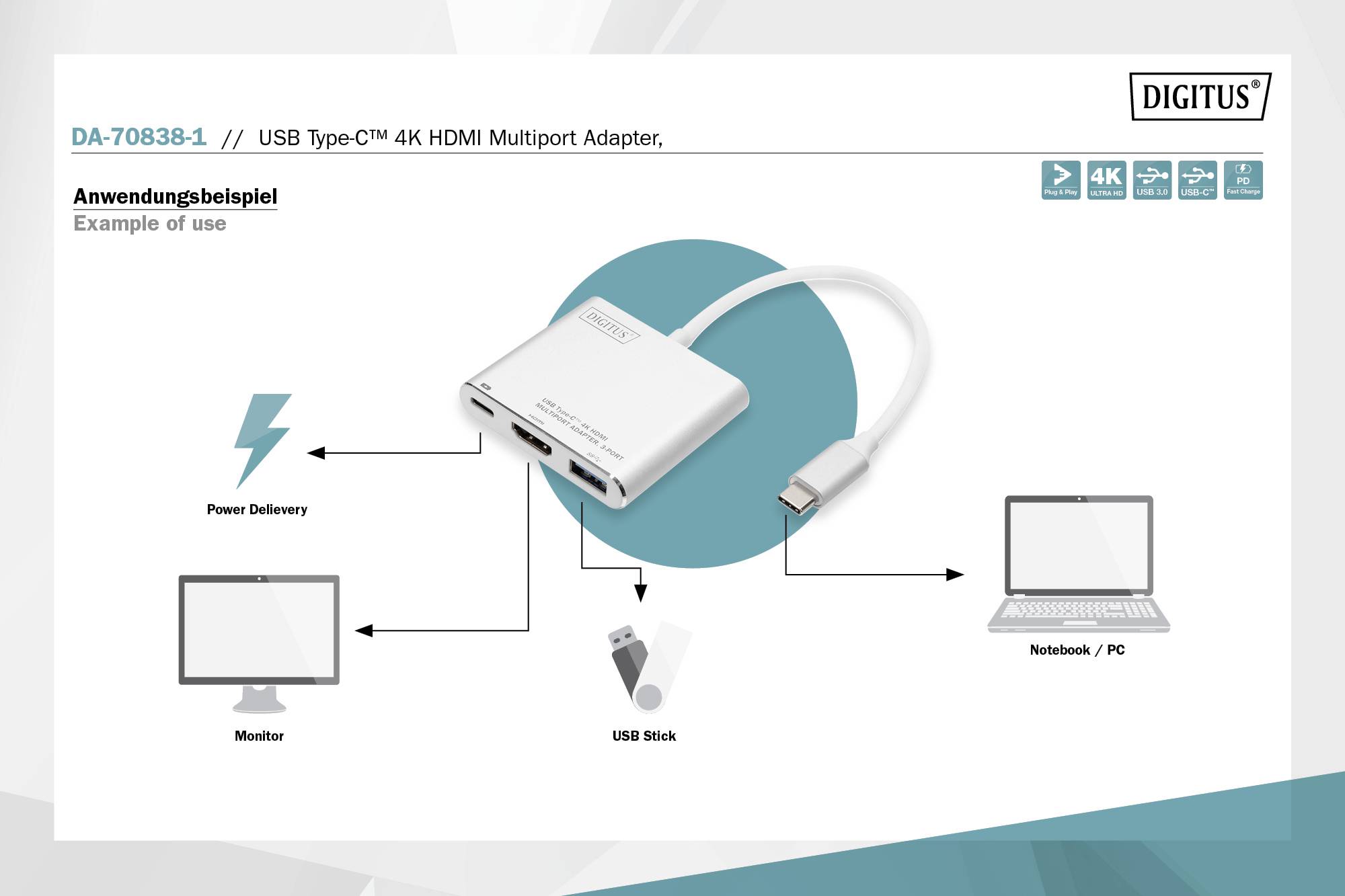 Digitus DA-70838-1 HDMI / USB Adapter [1x USB 3.2 1st Gen connector C (USB 3.0) - 1x HDMI socket, USB 3.2 1st Gen port A-5