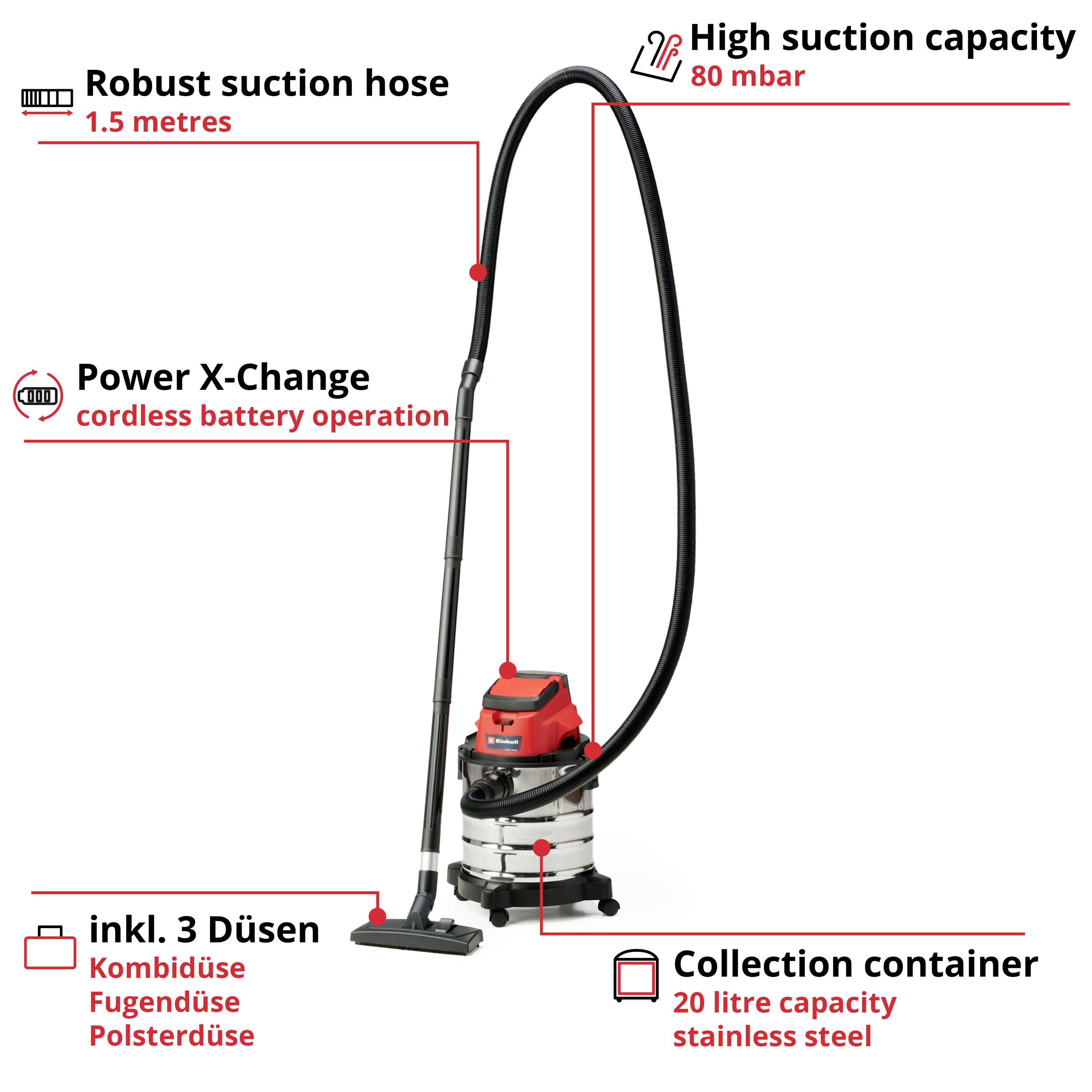 'Wet and dry vacuum cleaner with a 20-litre stainless steel container, robust 1.5m hose, high suction power, cordless battery operation, three nozzles.'