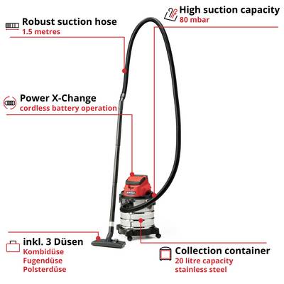 'Wet and dry vacuum cleaner with a 20-litre stainless steel container, robust 1.5m hose, high suction power, cordless battery operation, three nozzles.'