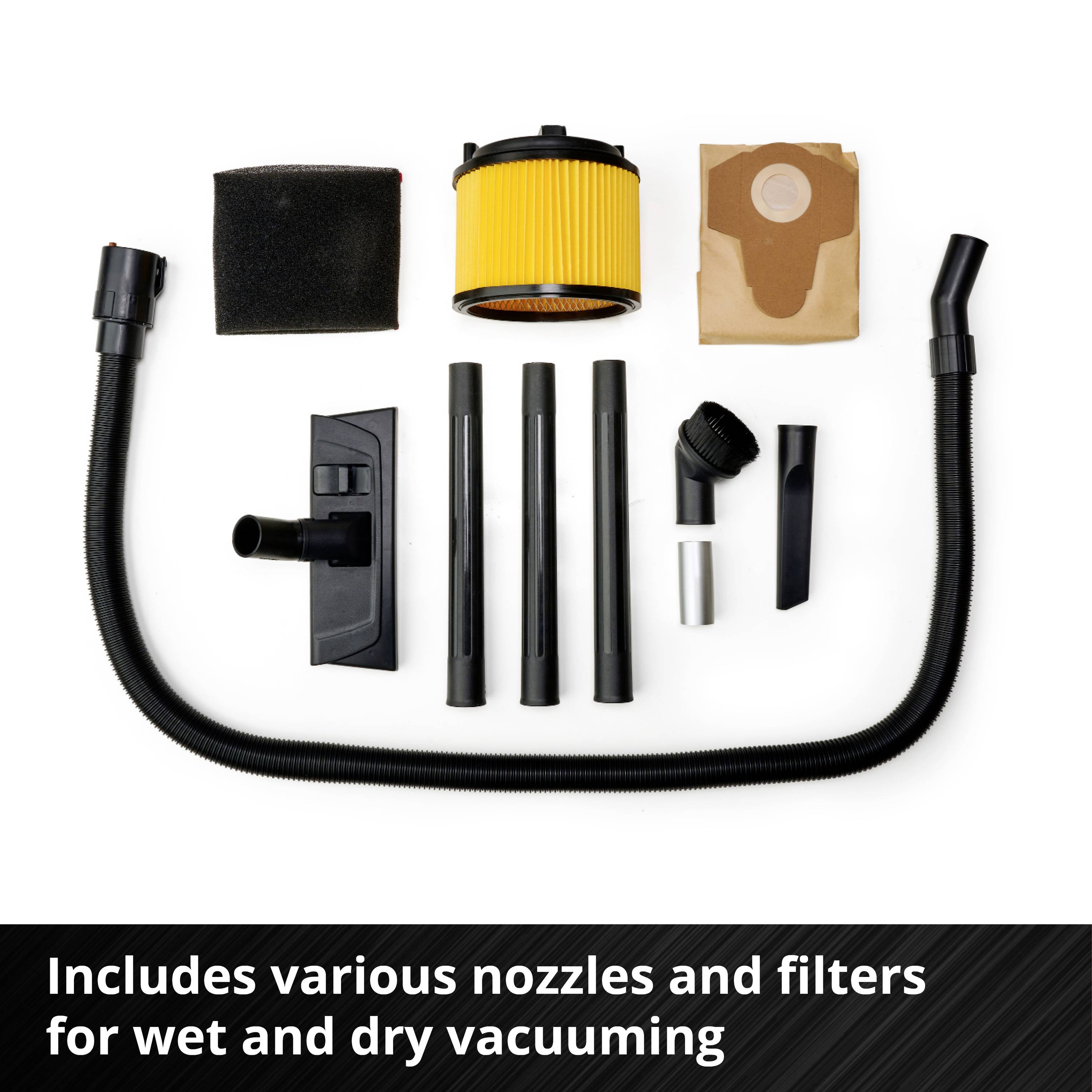 'A set with various nozzles and filters for wet and dry vacuum cleaners. Includes hose, filter, and accessory parts.'