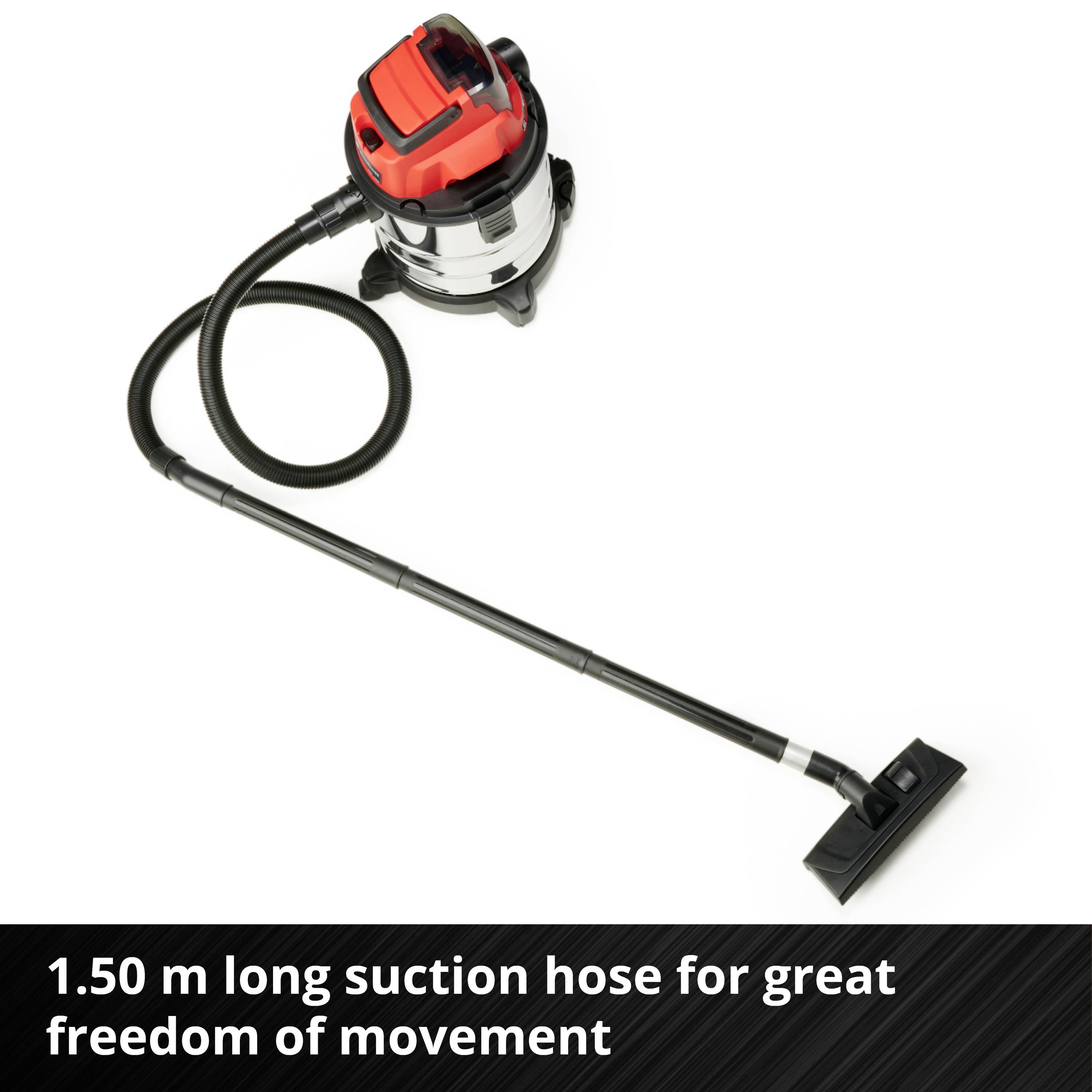 'Industrial vacuum cleaner with red and black design and 1.50 m suction hose for great manoeuvrability.'