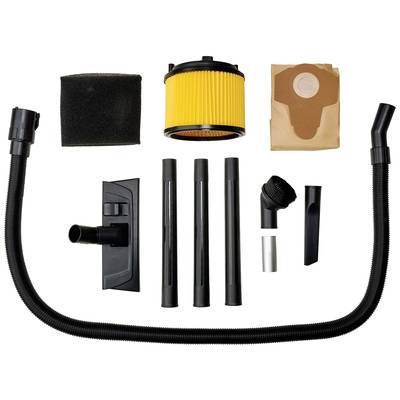 Vacuum cleaner accessories: Hose, nozzles, filters and bags in various shapes and sizes, arranged on a white surface.