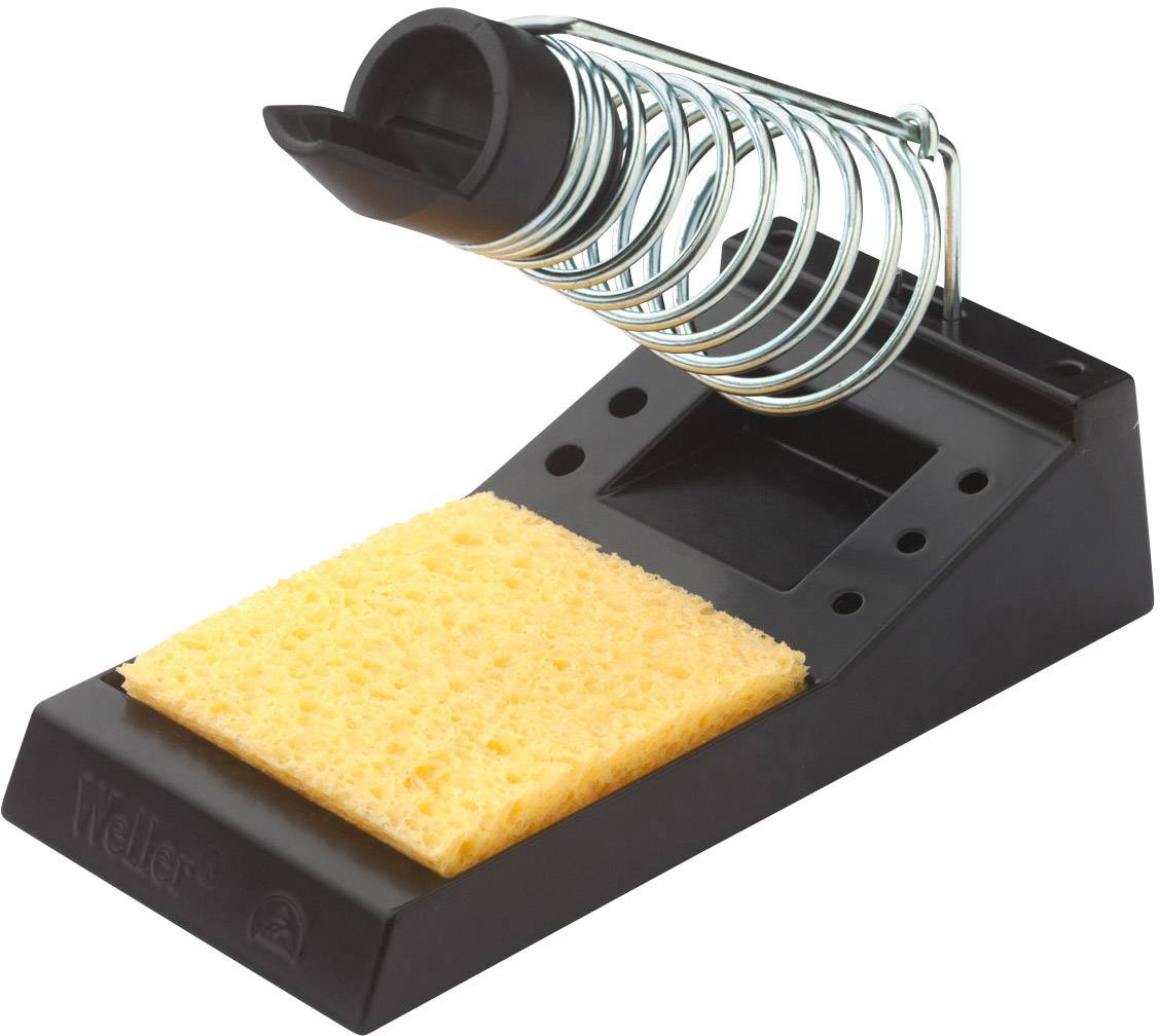 Soldering tool holder with a metal worm screw for securing a soldering iron, underneath a yellow cleaning sponge, mounted on a black base.