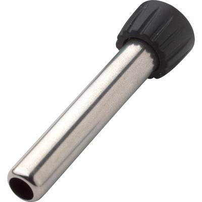 A silver metal cylinder with a black, ribbed plastic lid, possibly a small pipe or hose connector.