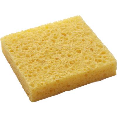 A yellow, square cleaning sponge with a porous surface. Used for cleaning or absorbing liquids.