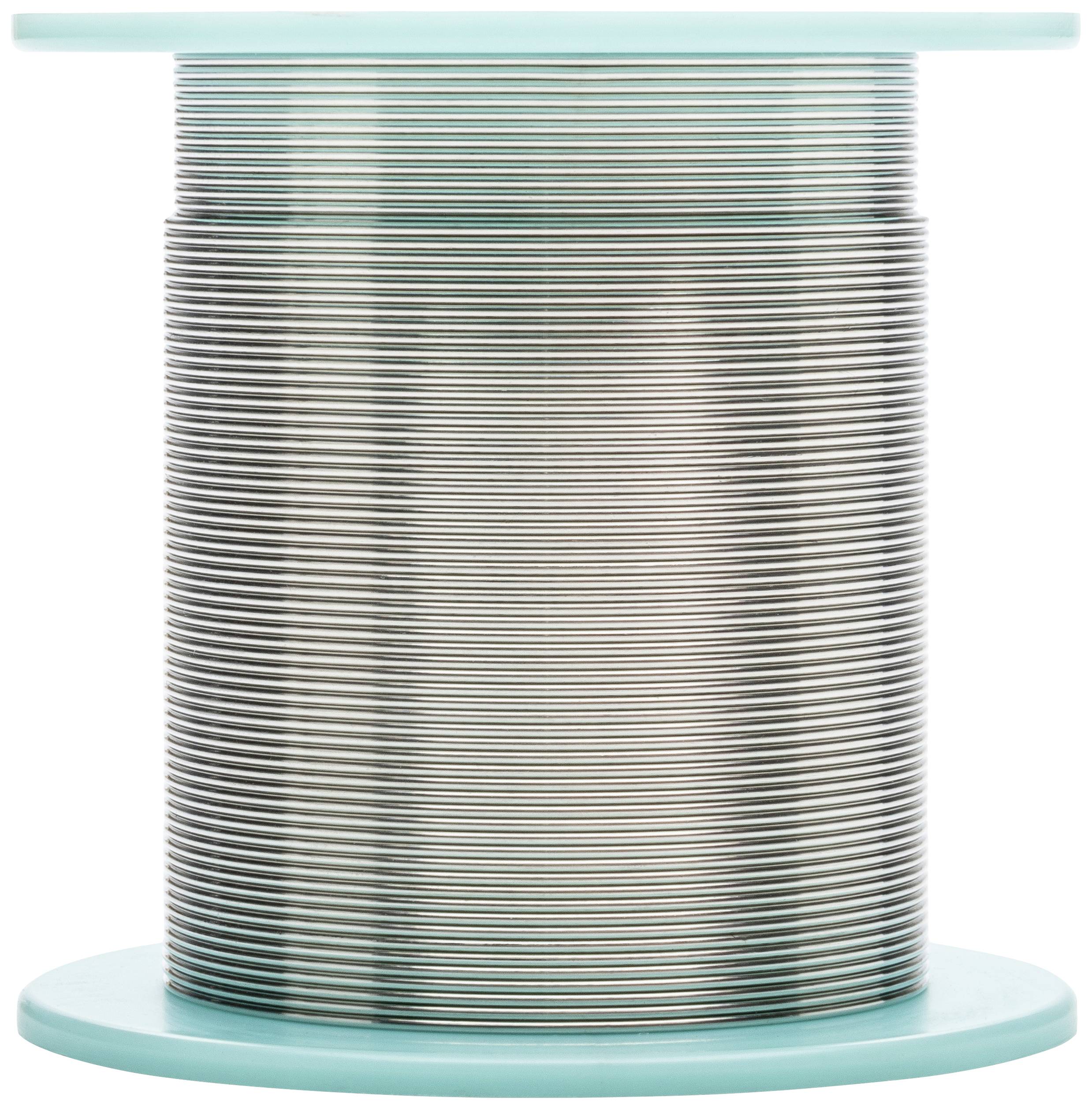 Large roll of stainless steel wire with a light blue border on the top and bottom, against a white background. Wire reels for industrial applications.