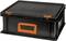 Black plastic box with orange locks and handle.