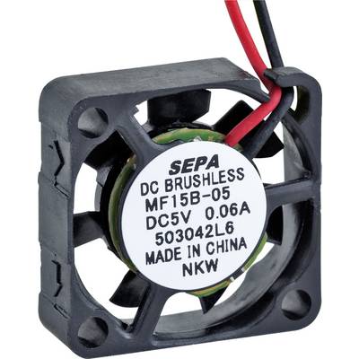 Small, square ventilation fan with black and red cables, label reads 'SEPA DC Brushless MF15B-05', voltage 5V, current 0.06A, originating from China.