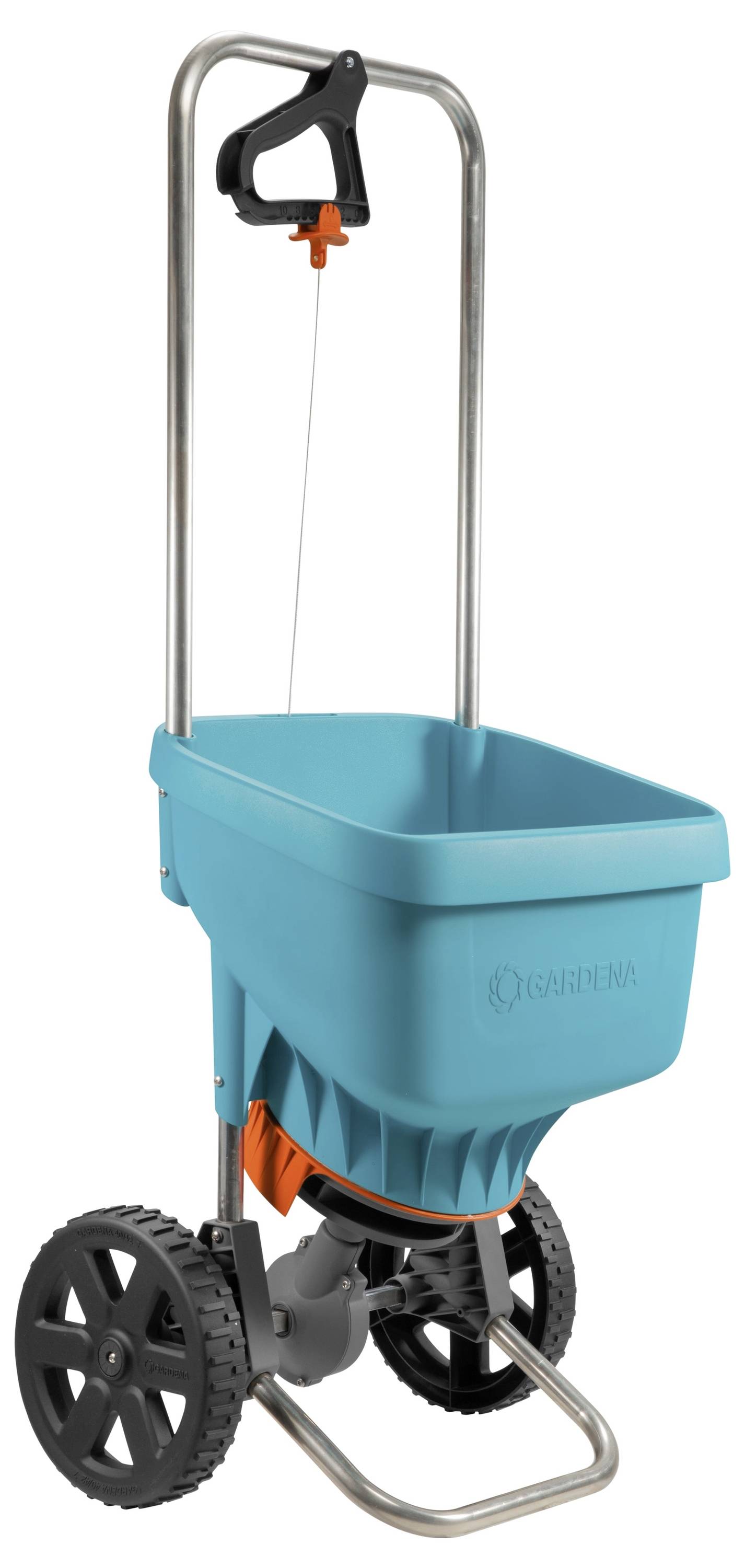Blue spreader with black wheels and handle, ideal for evenly distributing seeds or fertiliser in the garden.