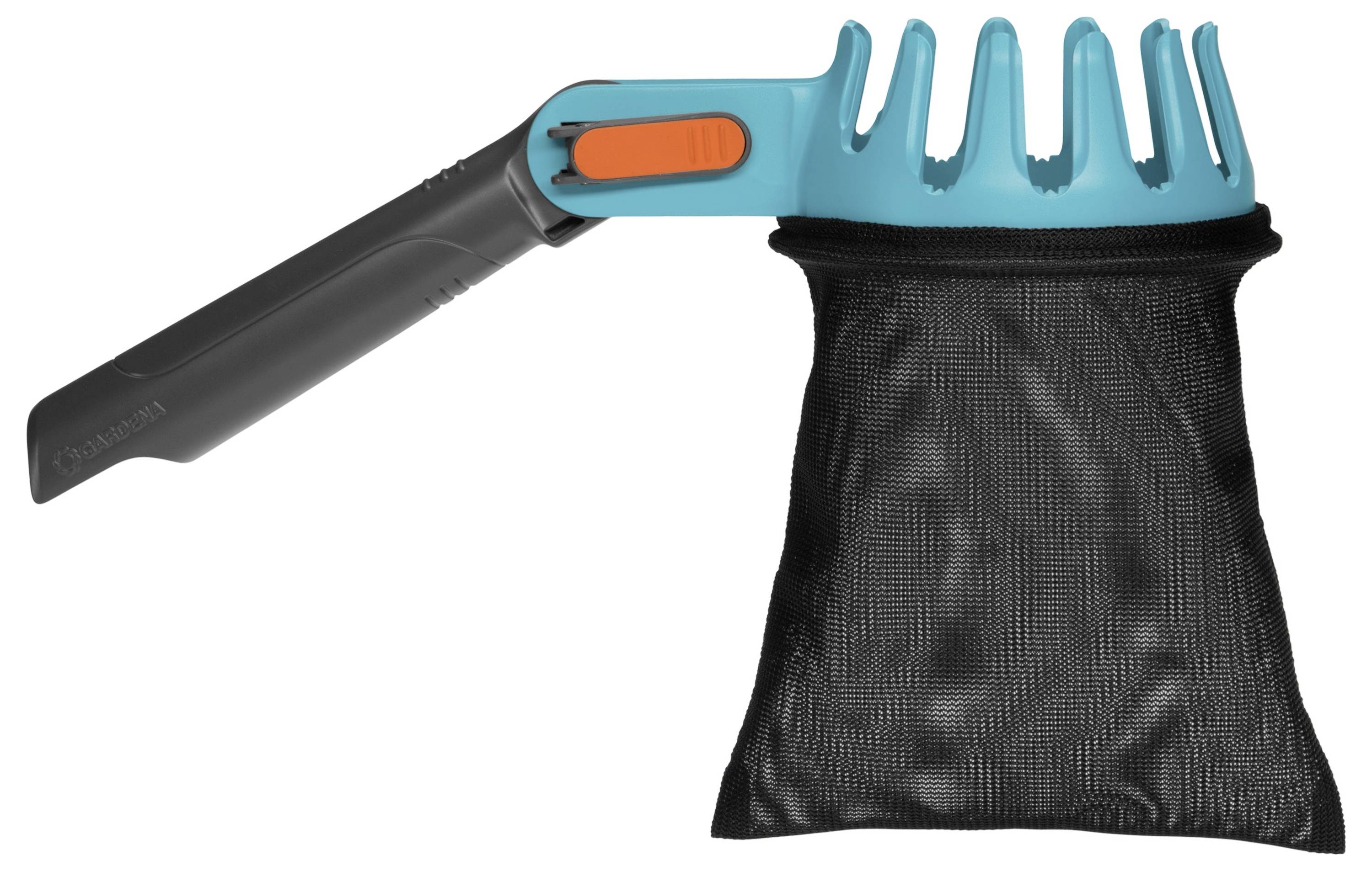 A garden tool with a blue handle and a black collection bag, used for picking fruit.