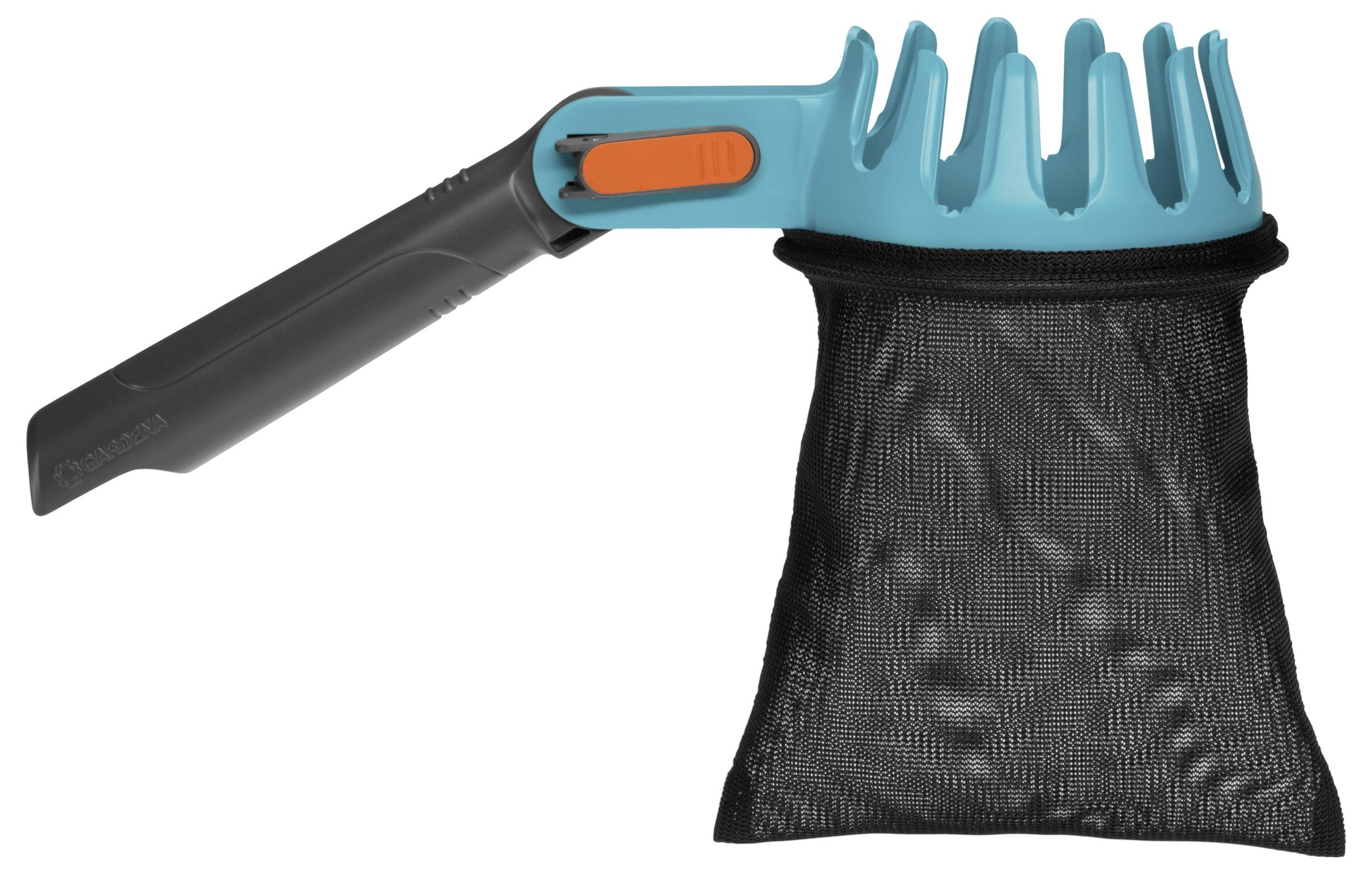 Handy garden tool for picking fruit with a black net and blue tines. Ideal for hard-to-reach tree fruits.