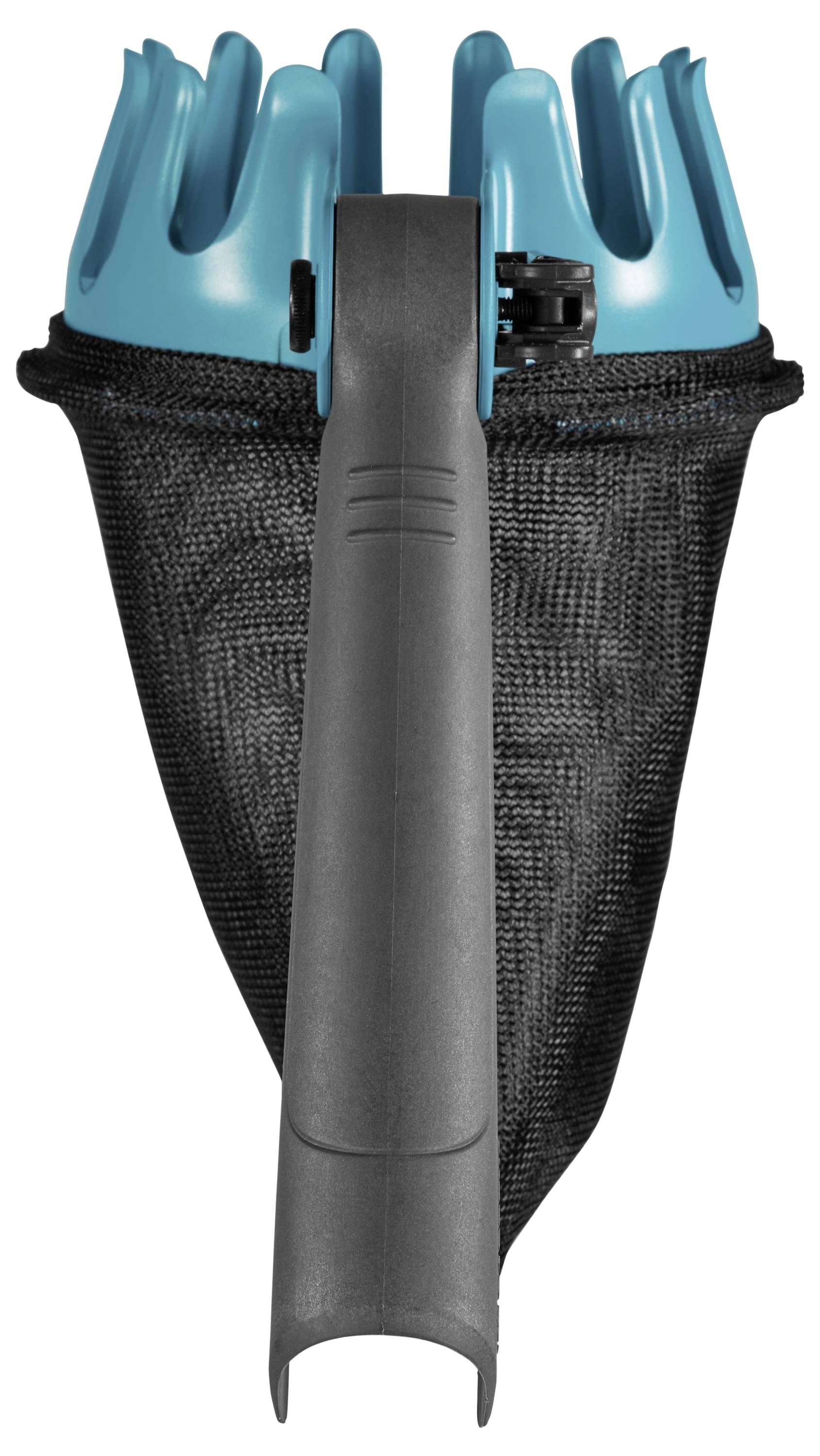 A black and blue plastic fruit picker with a black net for harvesting fruit from trees.