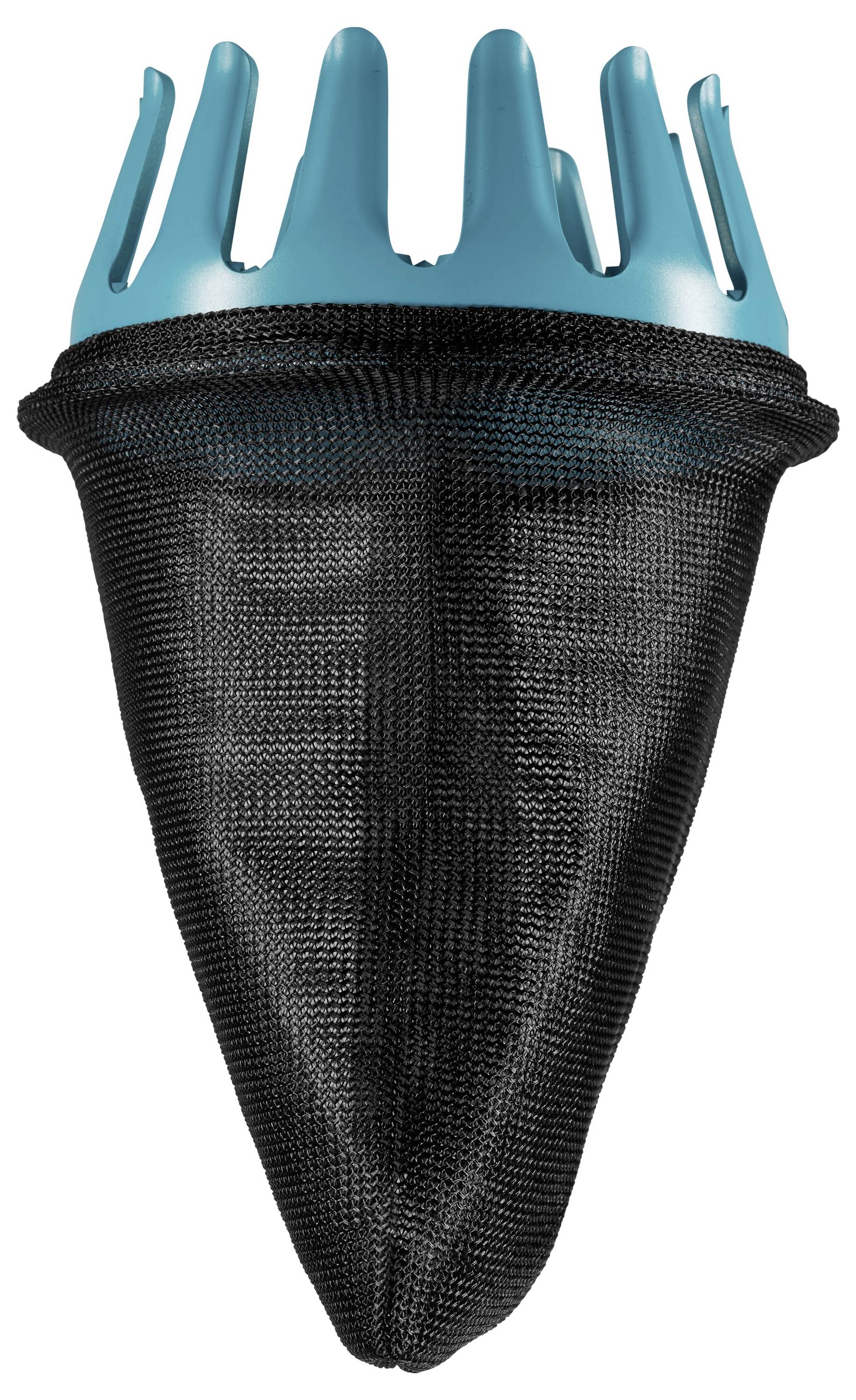 A black net with a turquoise plastic handle, presumably a fruit picker, for harvesting fruits from trees.