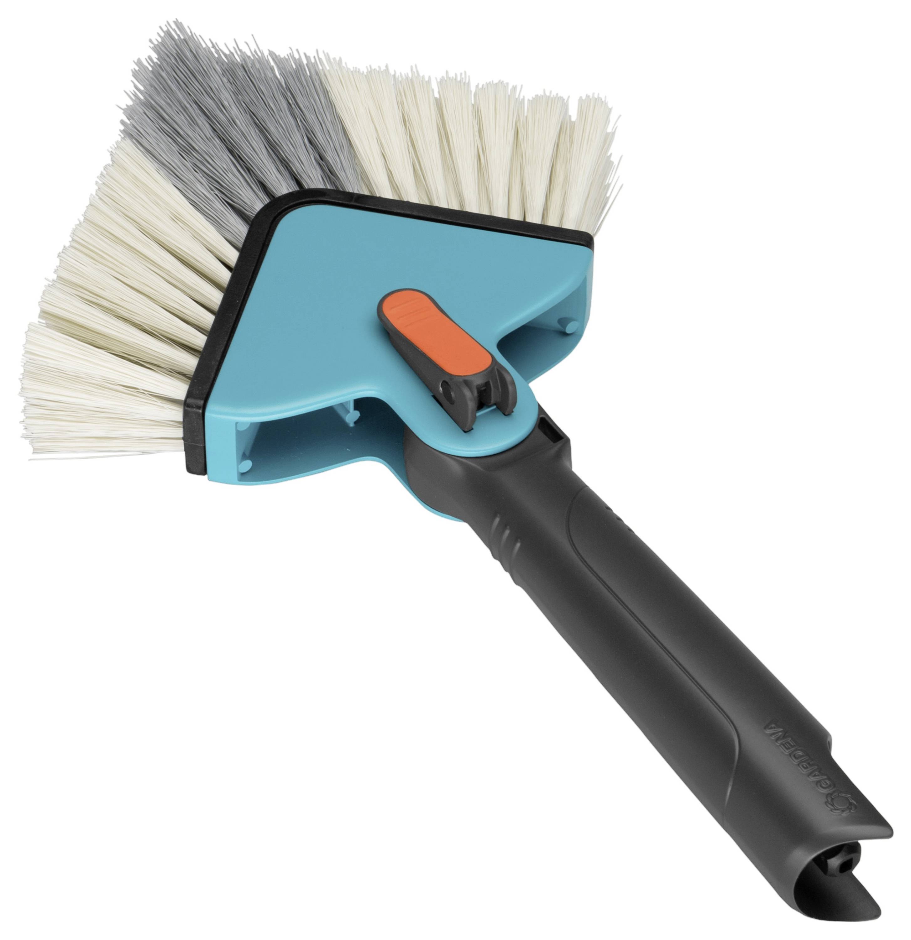 A triangular hand brush with an angled head, blue bristles and a black handle. Perfect for cleaning corners.
