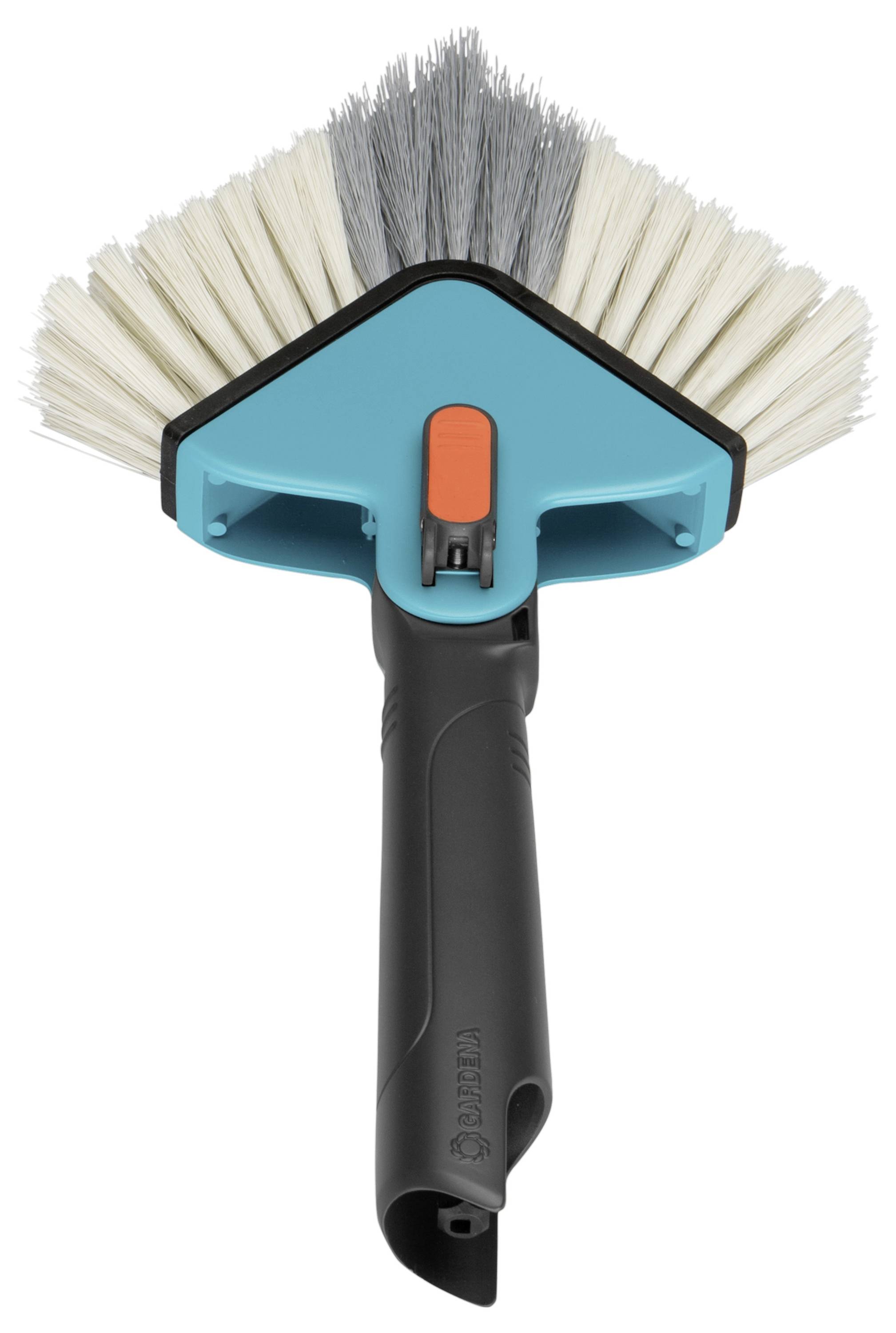 A dustpan brush with a black handle and a triangular, turquoise brush head. White and grey bristles for versatile cleaning applications.