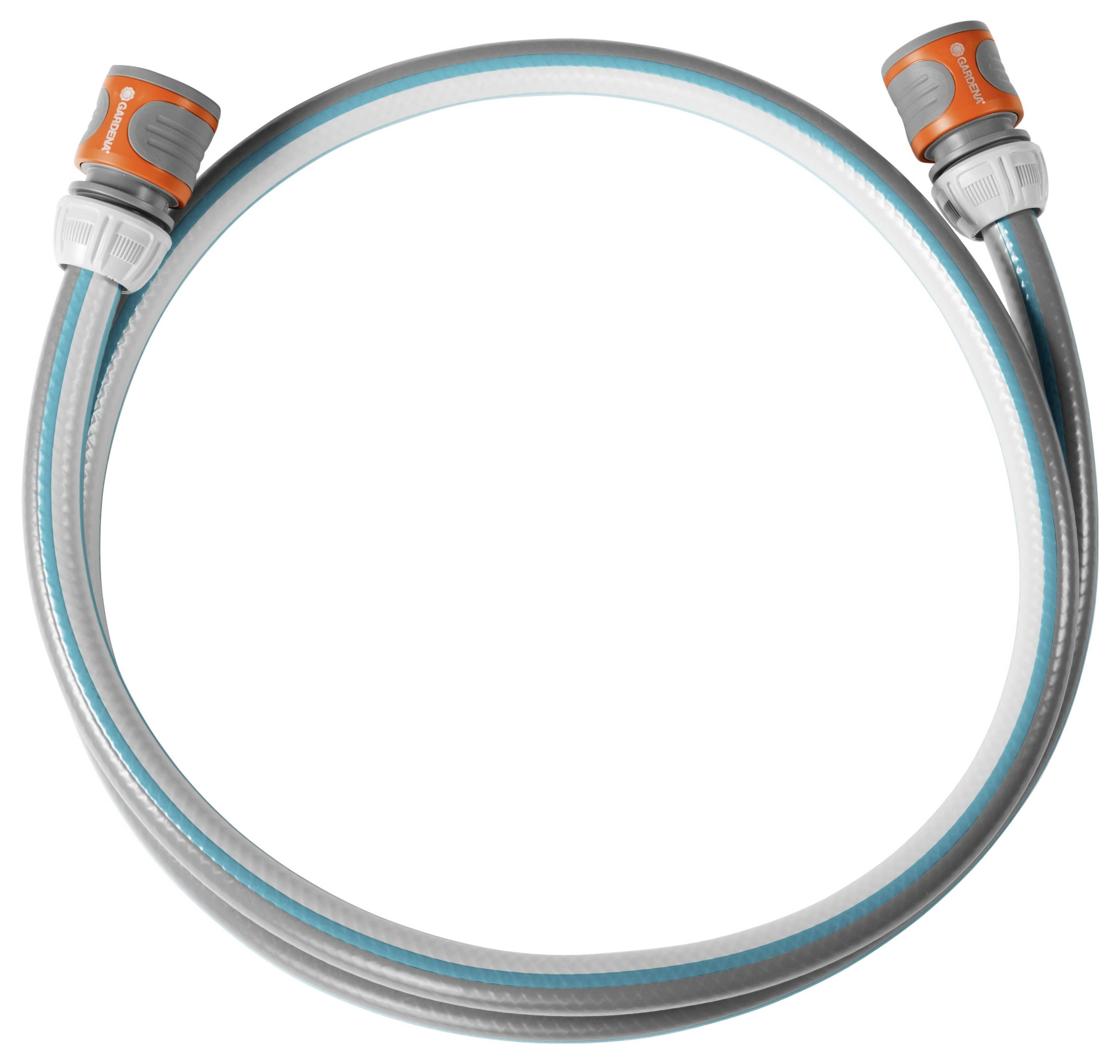 Grey garden hose with orange connectors, coiled in a circle.