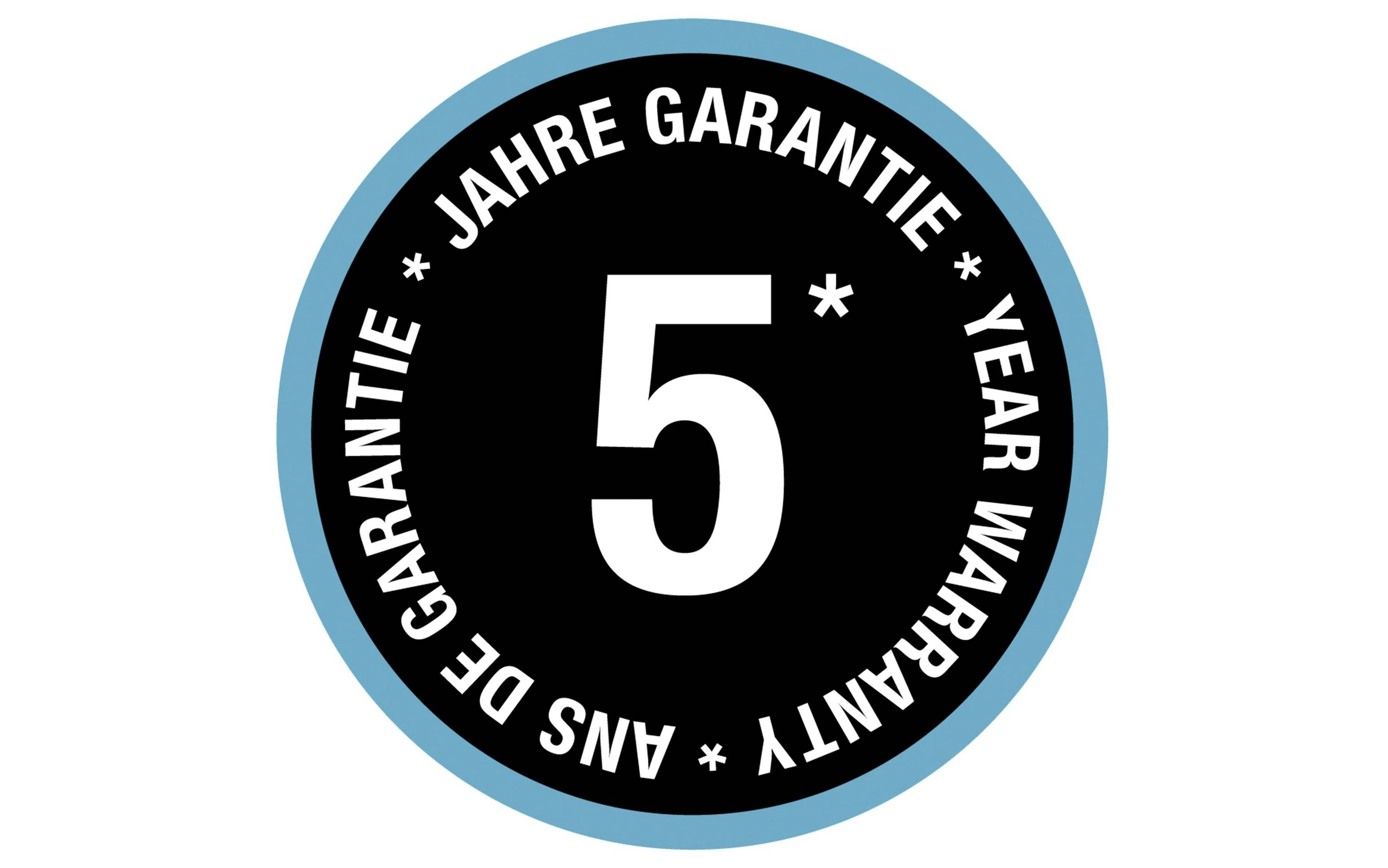Badges with the inscription '5 Years Warranty' in multiple languages on a black background with a blue border.