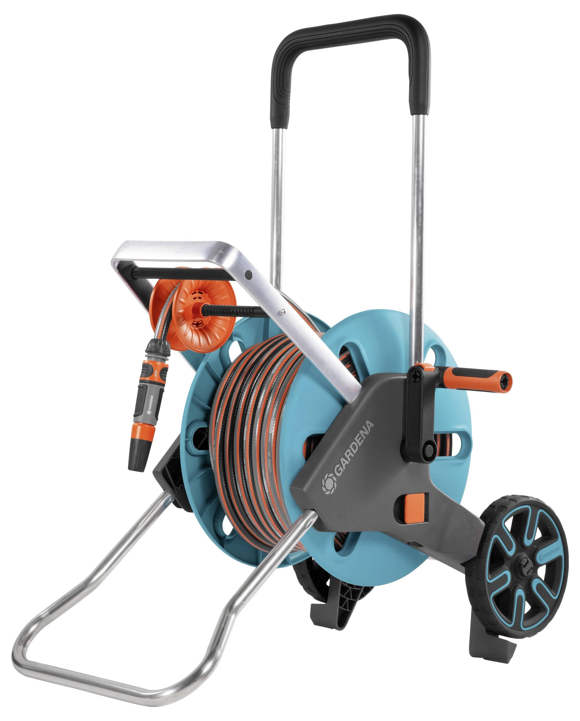 A garden hose reel with a coiled hose, handle, and wheels makes rolling and transporting hoses easier.