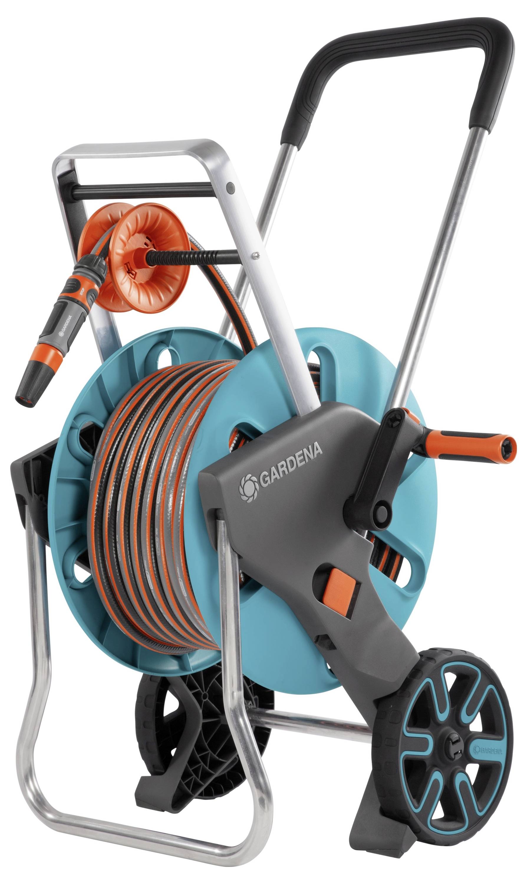 Garden hose reel with hose and spray nozzle. Includes a crank for winding and a handle for easy transportation.
