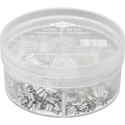 Transparent plastic container with wire end ferrules of various sizes. Print indicates article number and quantity per size.