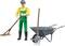 Toy figurine of a male gardener with a rake and wheelbarrow. The gardener is wearing a yellow shirt, green dungarees, and a hard hat.
