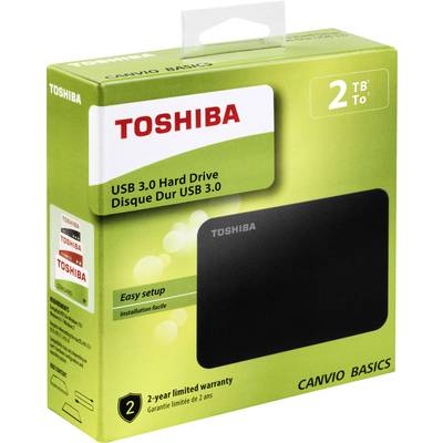 Toshiba 'Canvio Basics' External Hard Drive with 2 TB storage, USB 3.0. Packaged in green, emphasising simple installation and 2-year warranty.