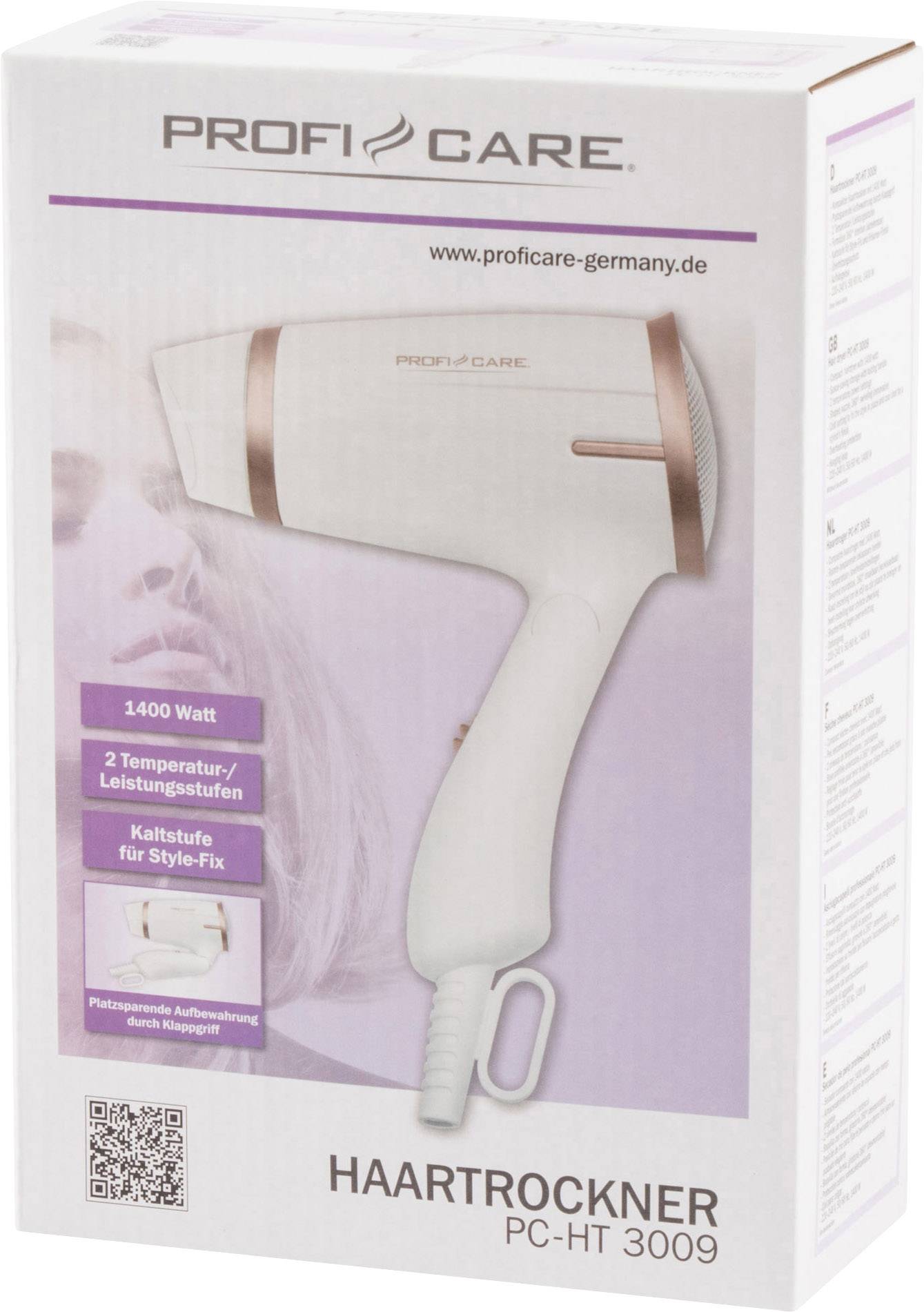 Packaging of a ProfiCare hair dryer with 1400 watts, two temperature and power levels, and a cool setting for style setting.