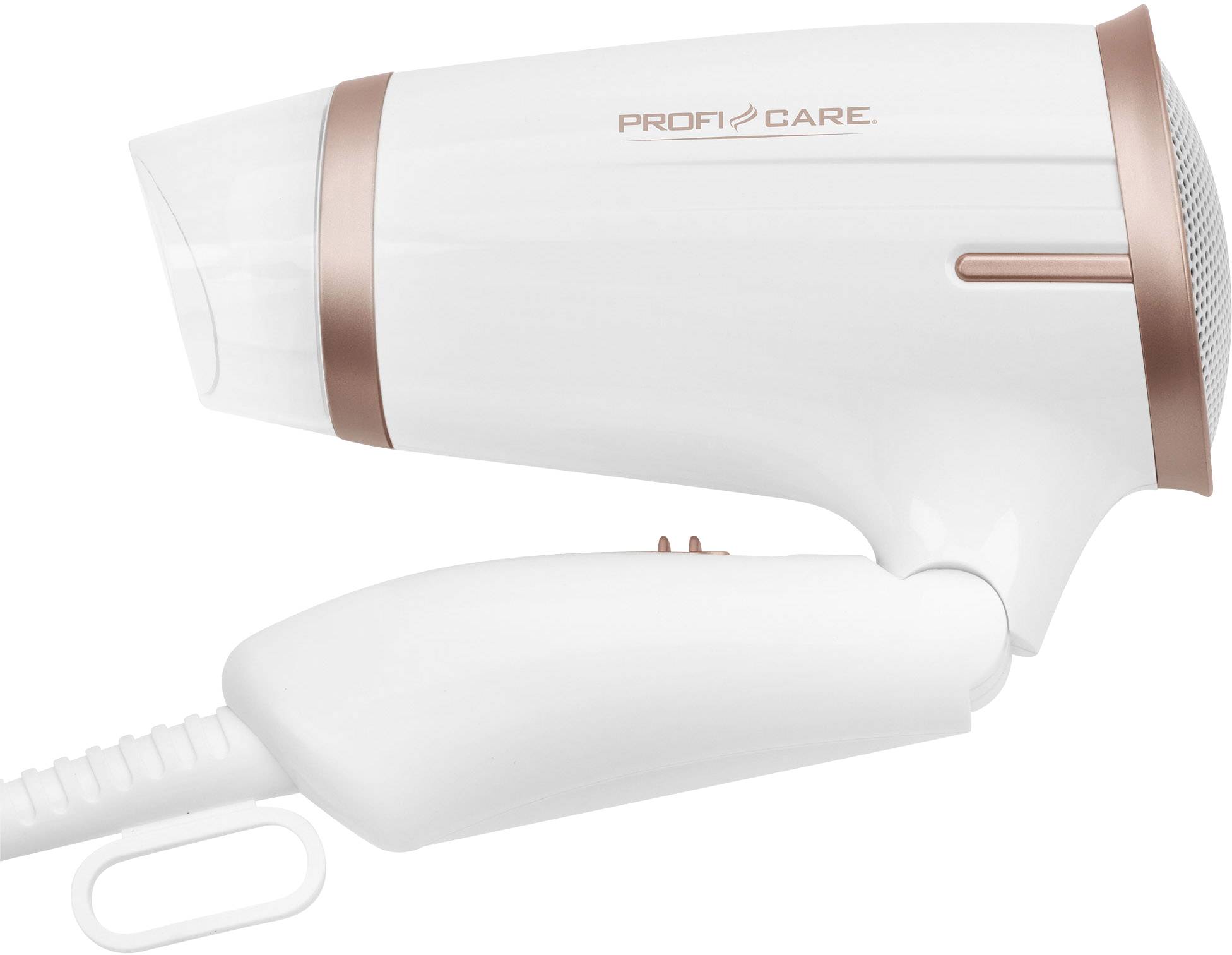 White hairdryer with copper-coloured accents from the Profi Care brand. Side view shows blower opening and handle with switch.