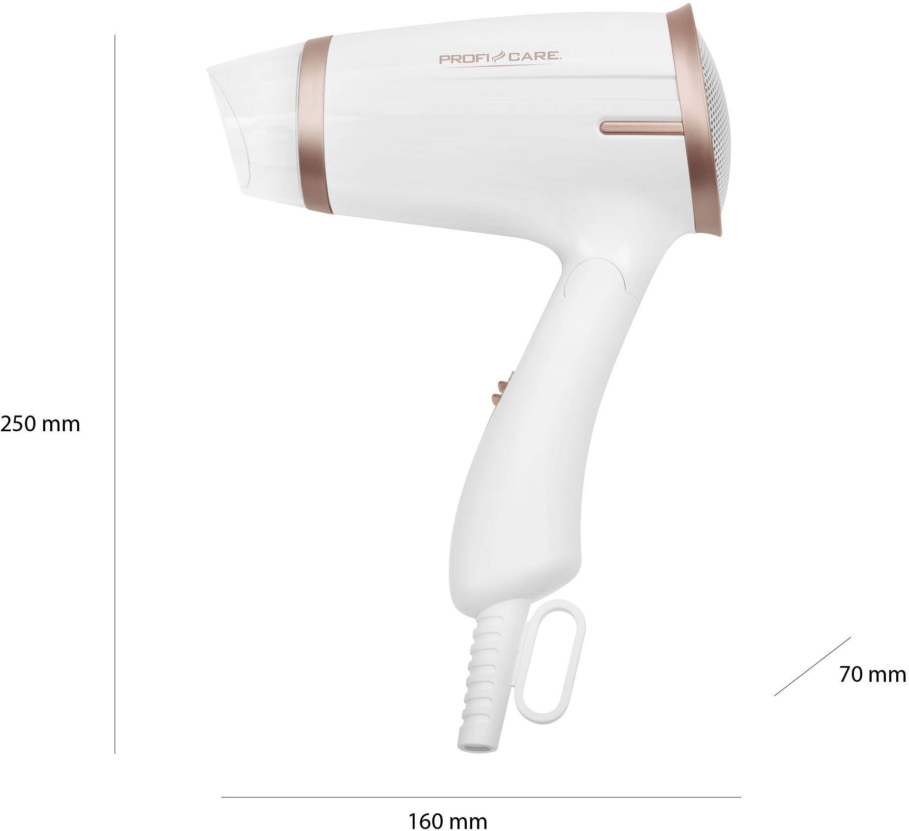 'White hairdryer with pink accents, dimensions: 250 mm x 160 mm x 70 mm. Product name: Profi Care. Image shows device from the side.'