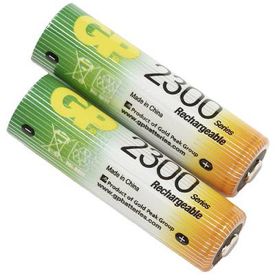 Two rechargeable GP AA batteries, Model 2300, lying side by side. They are green-white-orange and suitable for electronic devices.