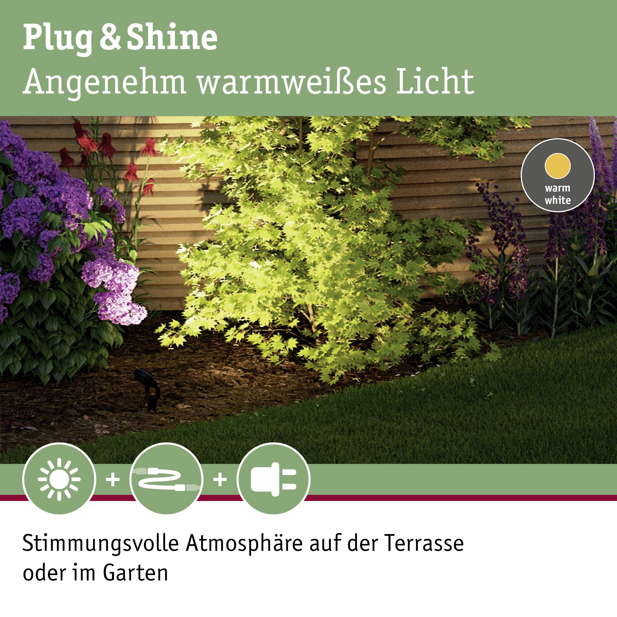 Plug-in lighting in warm white illuminates the garden. Text says: 'Atmospheric ambience on the patio or in the garden'.