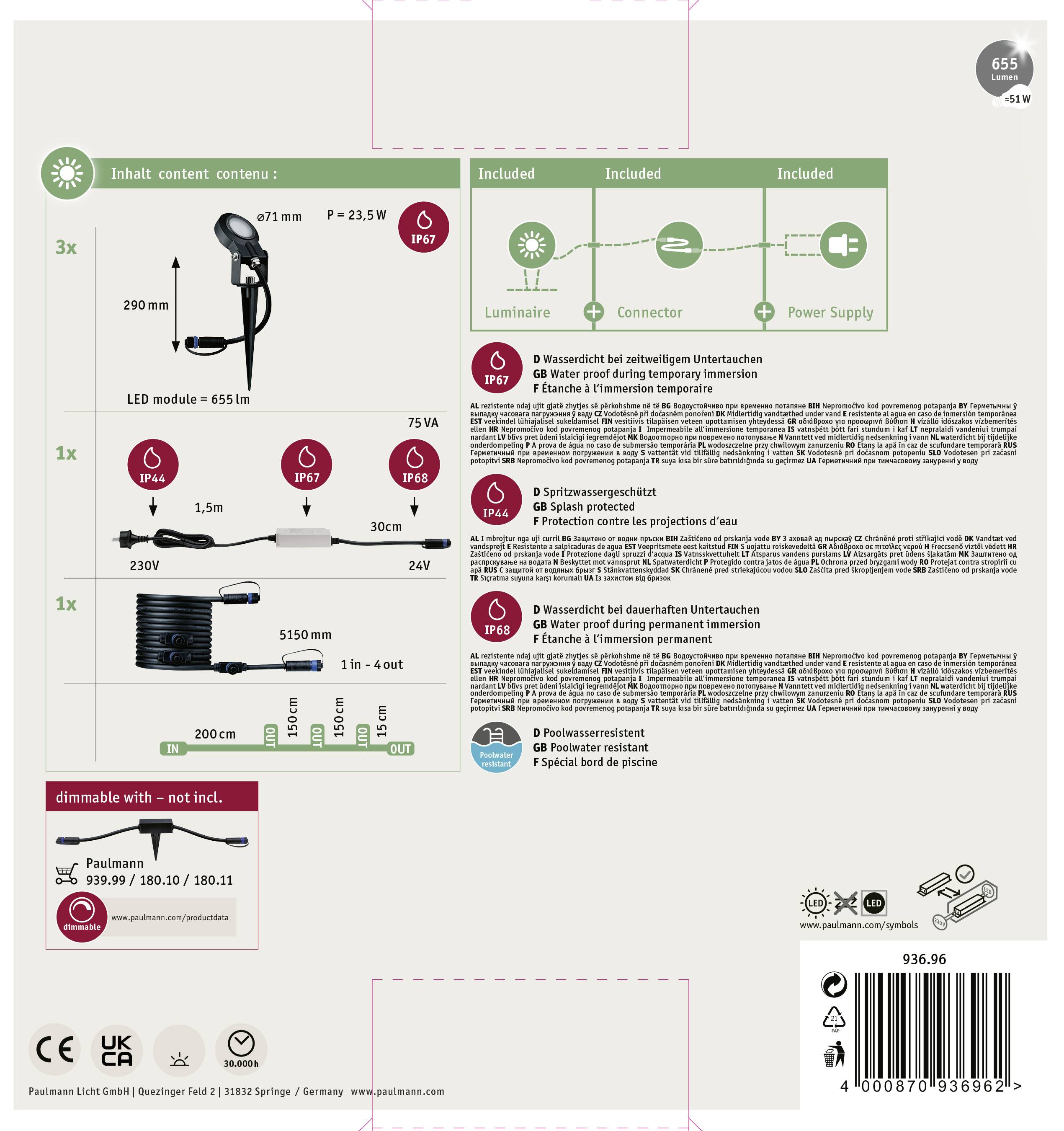'Paximos Linde Collection' LED Table Lamp Packaging; shows assembly instructions, dimensions and product specifications, including accessories.