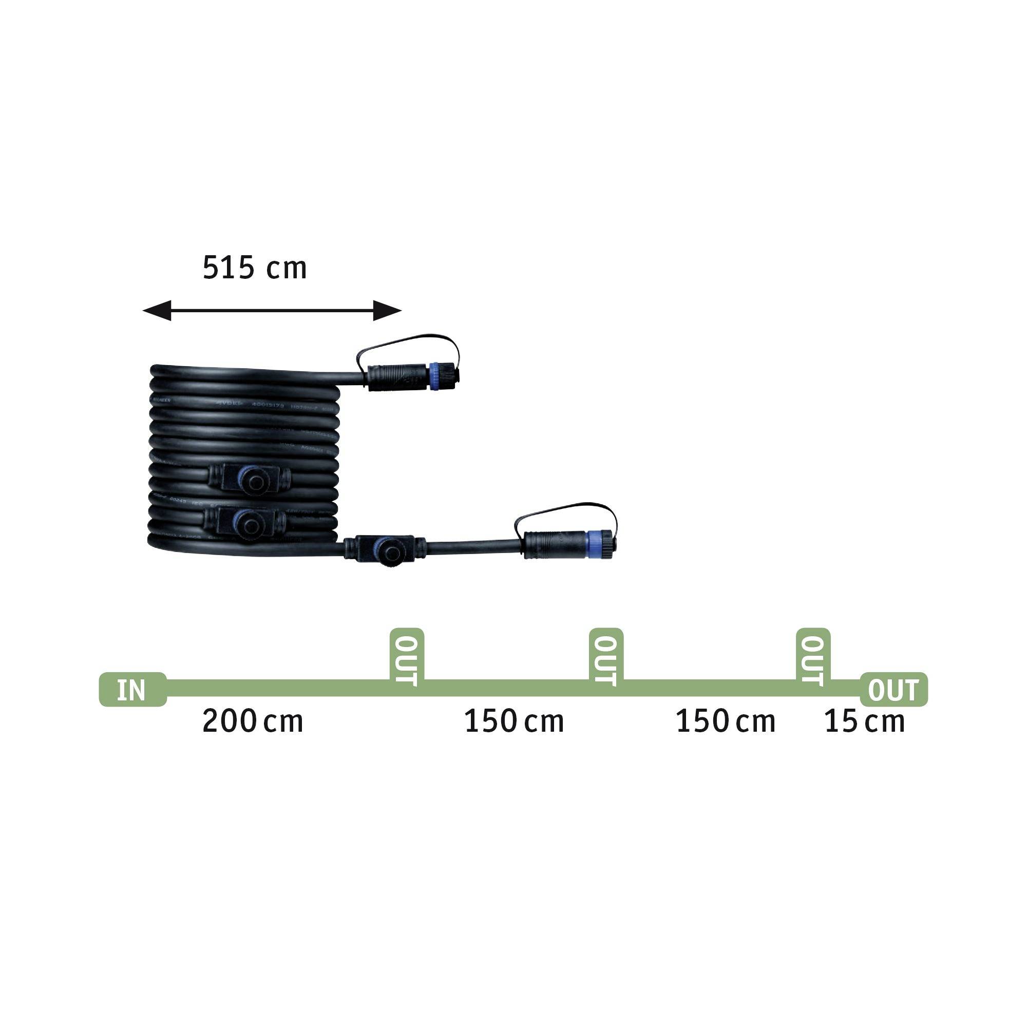 'Hose length: 515 cm, diameter: 200 cm. Position of outlets: 200 cm, 150 cm, 150 cm and 15 cm from the inlet side.'