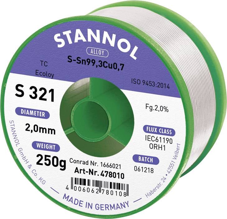 Stannol S321 2,0% 2,0MM SN99,3CU0,7 CD 250G Solder, lead-free Lead-free, Reel Sn99,3Cu0,7 ORH1 250 g 2 mm