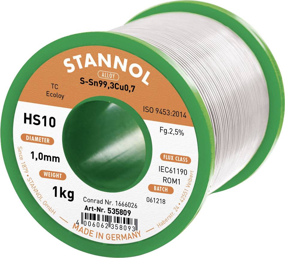 Solder wire reel by Stannol with 1.0 mm diameter and 1 kg weight. Alloy S-Sn99.3Cu0.7 for soldering applications. Made in Germany.