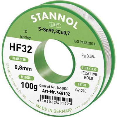 Stannol HF32 3,5% 0,8MM SN99,3CU0,7 CD 100G Solder, lead-free Lead-free, Reel Sn99,3Cu0,7 ROL0 100 g 0.8 mm