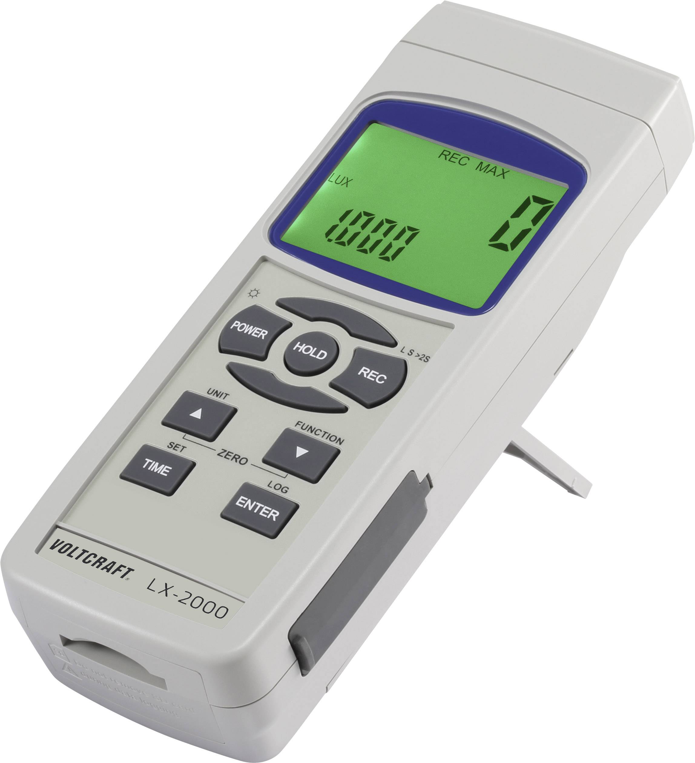 A digital luxmeter with an illuminated display shows '0.000' lux. It has several control buttons including 'Power', 'Hold', and 'Enter'.