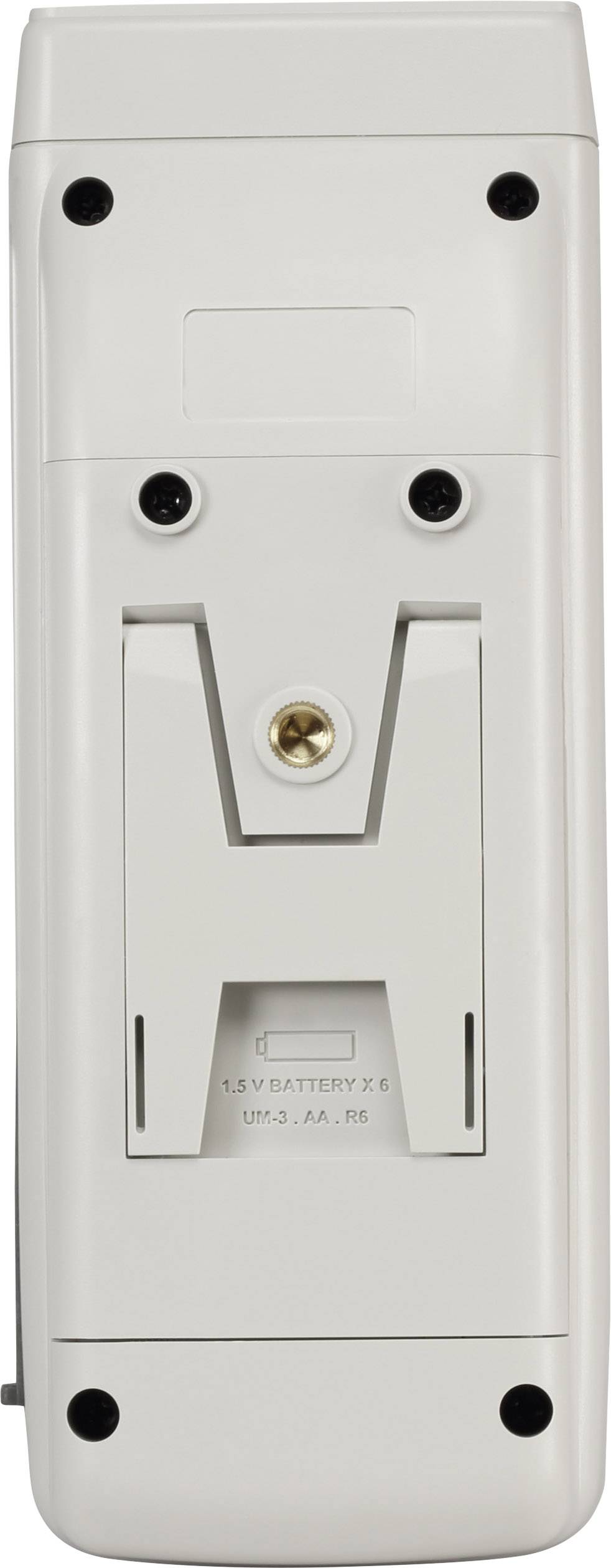 Back of a portable electronic device with a battery compartment, secured by a screw. Space for two AA batteries.