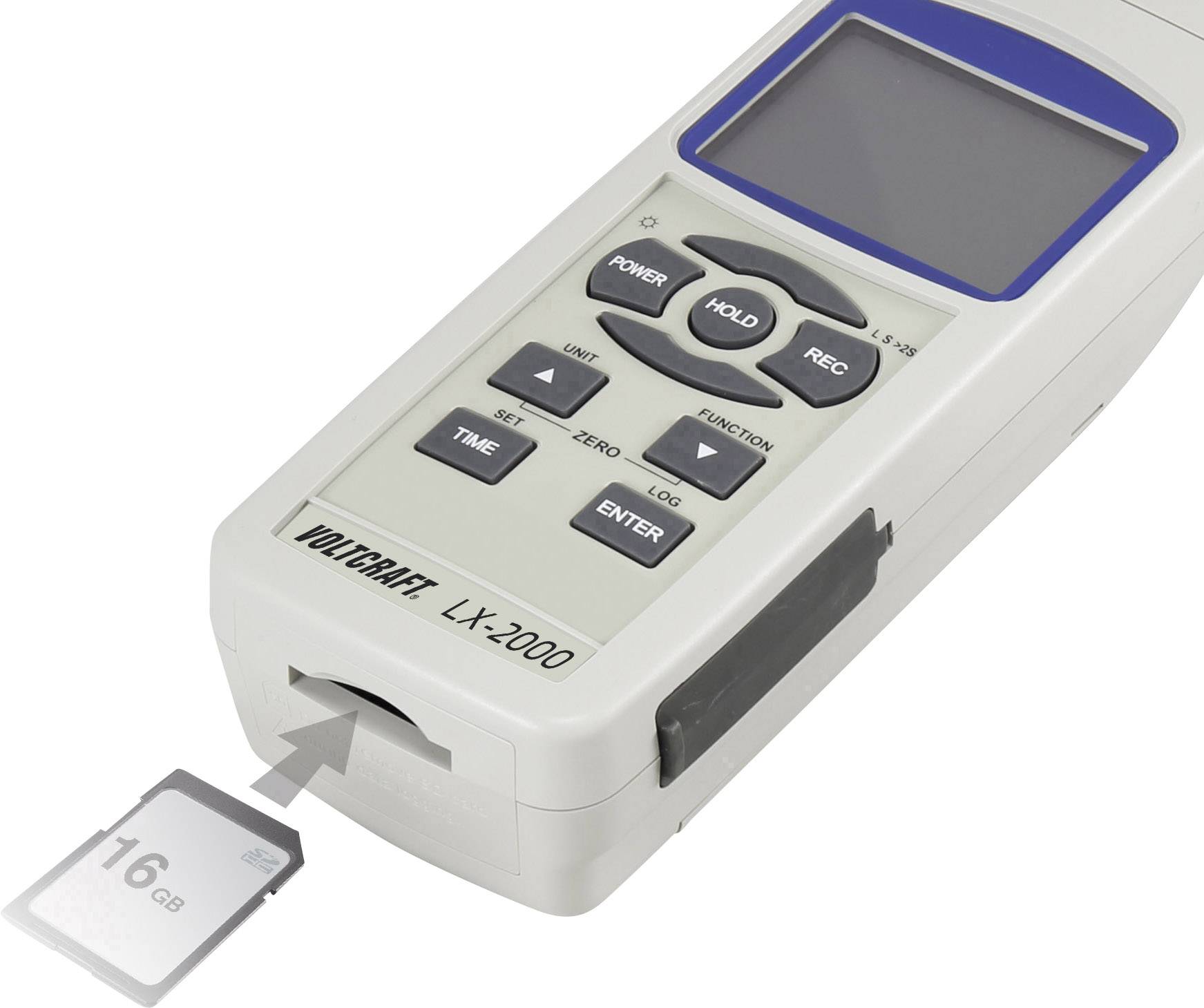 A device for data measurement with a screen and SD card slot. A 16 GB SD card is inserted into the slot. Device displays 'YOKOGAWA LX-2000'.