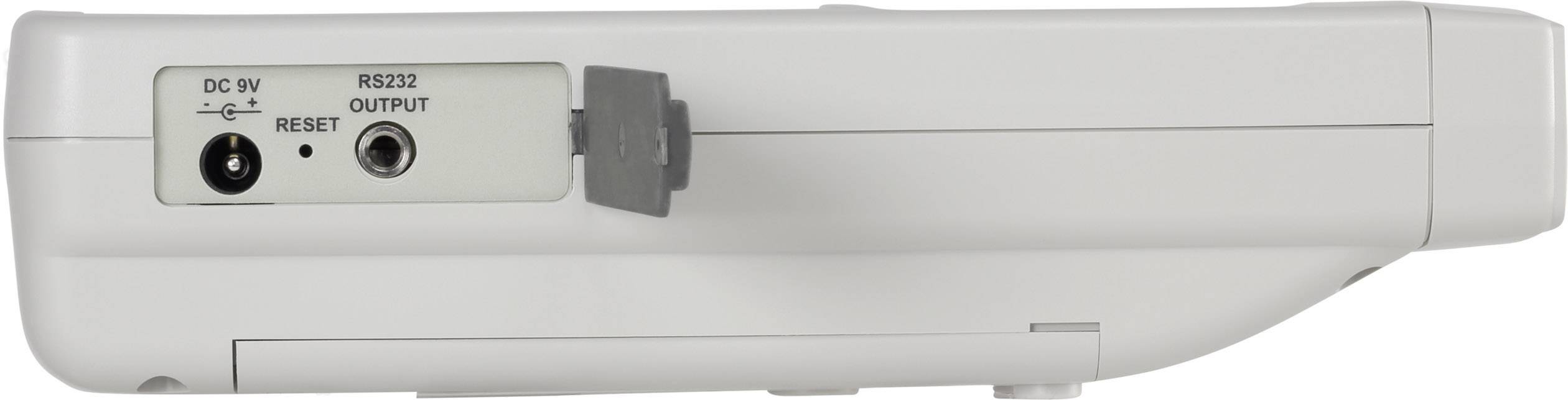 'RS232 OUTPUT' and 'RESET' sockets on the rear of a white device, with a cover for the RS232 socket.