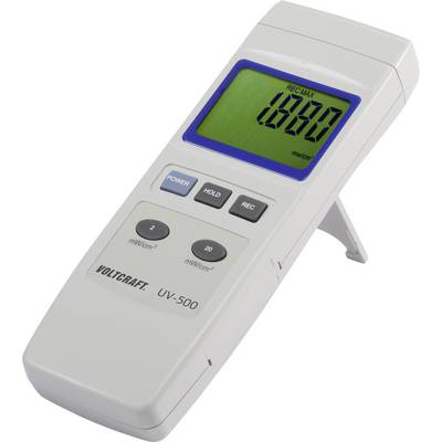 Portable digital measuring device with display, showing a measurement of 0.01 mW/cm², model number UV-500.