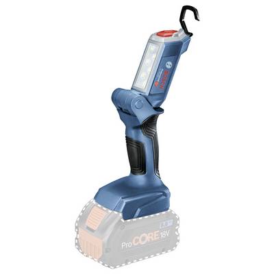 Blue LED work light with adjustable head and hook, suitable for battery operation. Brand logo displayed at the top and battery shown schematically.