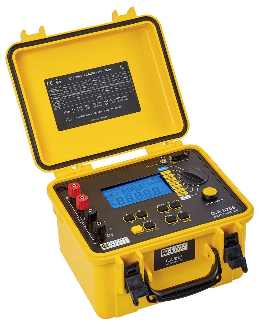 Yellow portable electronic measuring device with open lid and digital display. It shows connections and control elements on top.
