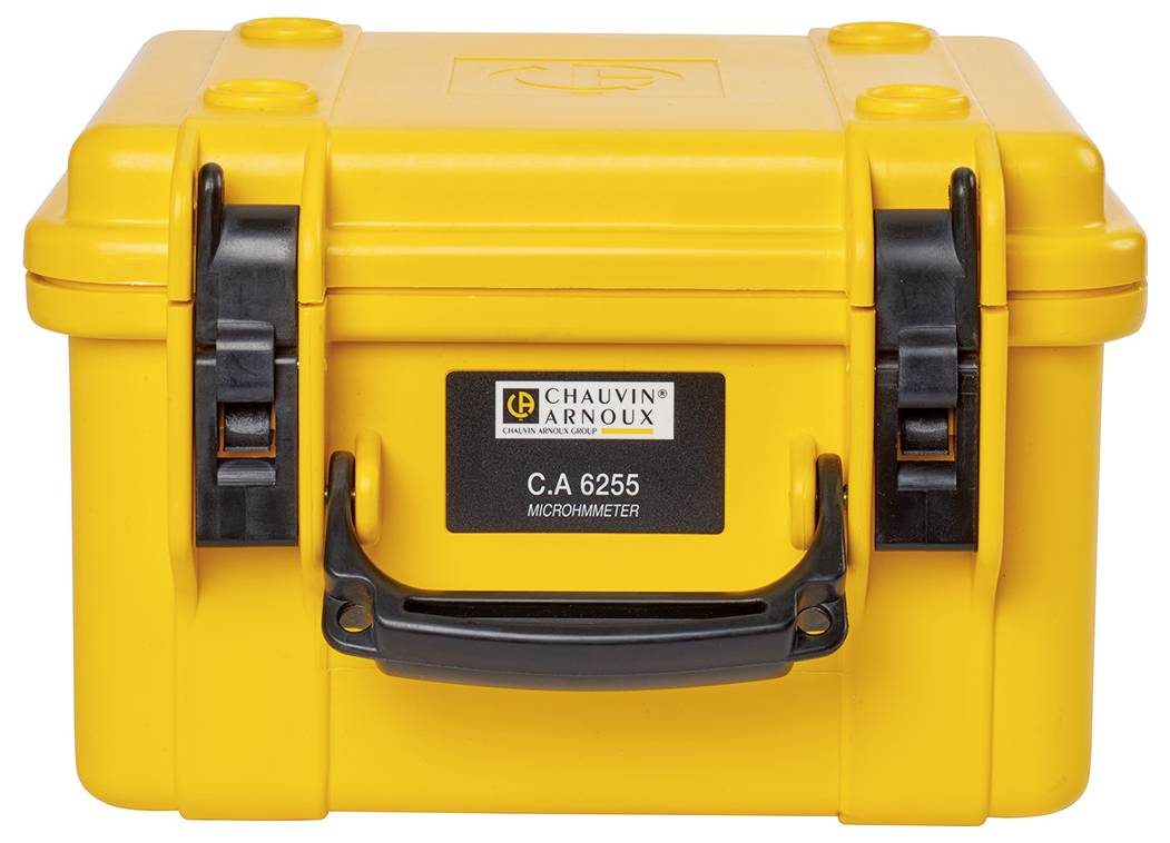 Yellow, robust suitcase with black handle and inscription 'Chauvin Arnoux C.A 6255 Microhmmeter'.