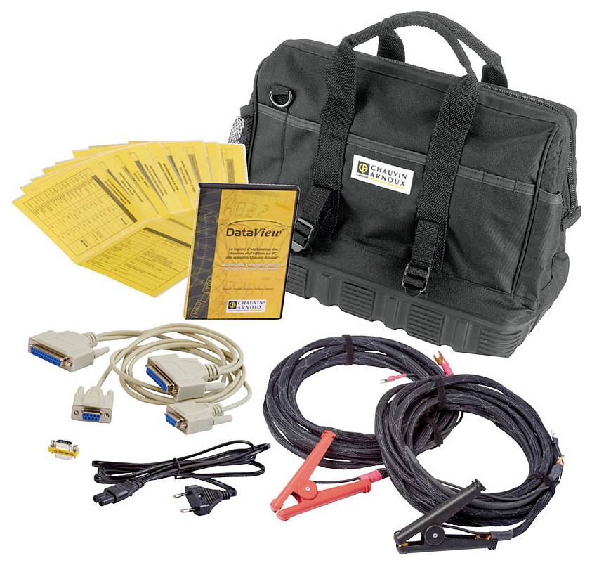 A black tool case with multiple accessories: yellow instruction manuals, data cables, crocodile clips, and a CD labelled 'DataView'.