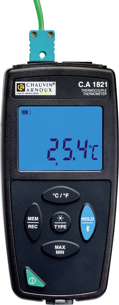 Handheld thermometer with digital display, showing 25.4°C. Green cable connected at the top. Model number C.A 1821.