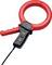 Electrical clamp meter with red grip loop and black handle. Used for measuring current strength.